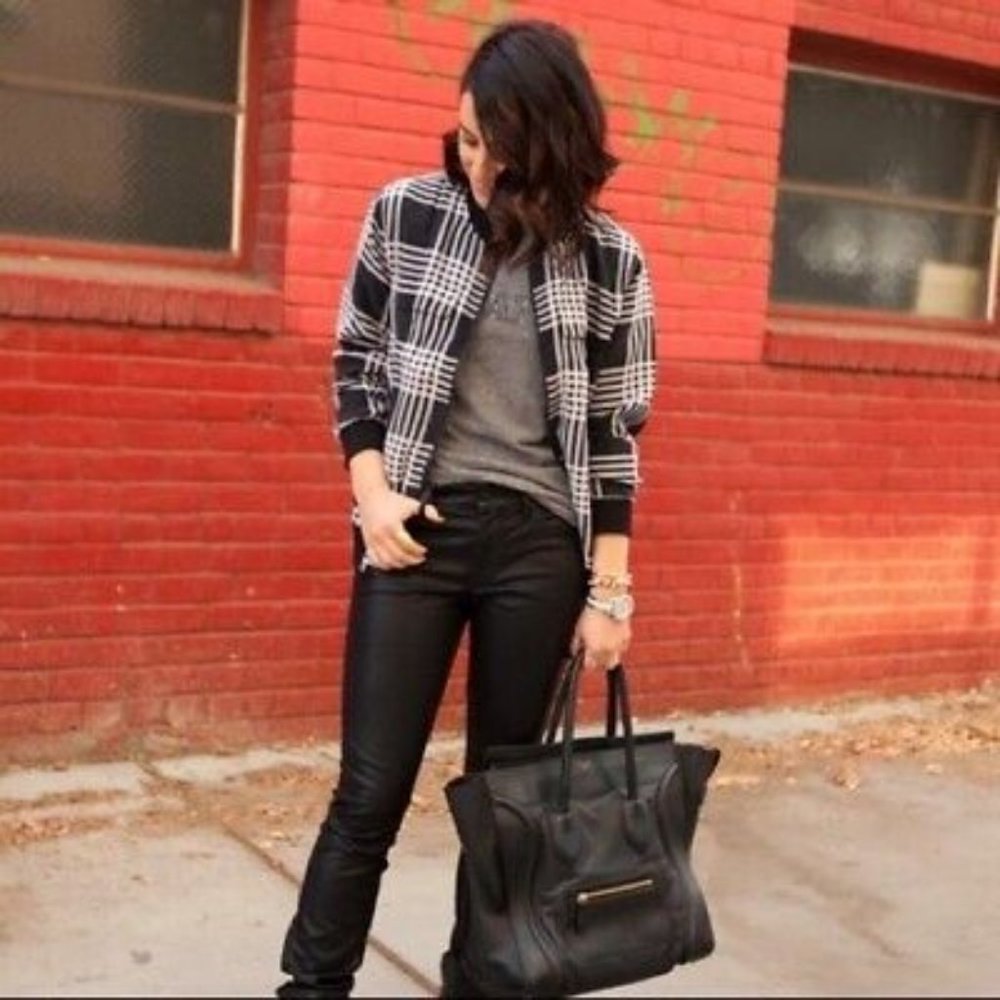 Equipment Abbot Silk Bomber Jacket Ghost Plaid Black White Size XS
